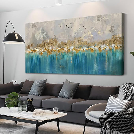 Arjun Abstract Canvas Wall Art for Mens Room, Gold Mountain Hand Painted Textured Extra Large Bedroom Painting Artwork Framed Home Office Wall Decor, 58"x29"