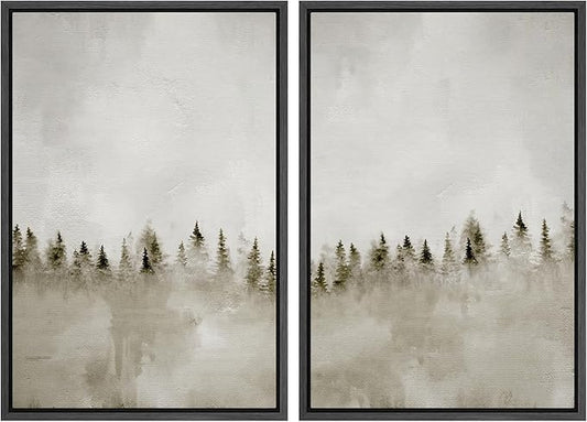 MUDECOR Framed Canvas Print Wall Art Set Misty Pines Serene Forest Landscape Illustrations Modern Art Decorative Bohemian Calm/Zen for Living Room, Bedroom, Office - 16"x24"x2 Black