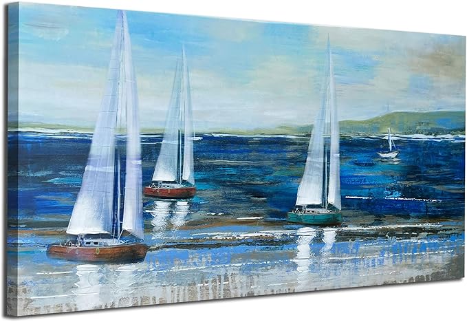 Ardemy Blue Abstract Canvas Wall Art for Living Room Sailboat Extra Large Wall Decor Painting Picture Bedroom Textured Nautical Navy Blue Seascape Artwork Art for Home Office,58"x29"