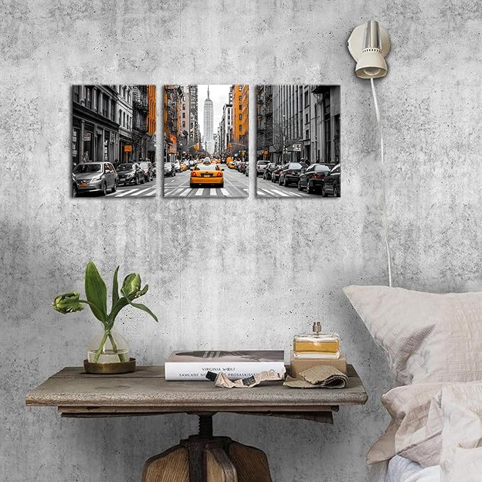 New York City Wall Art Black and White USA Street Poster Urban Yellow Taxi Car Wall Decor Building Picture Modern NYC Scenenry Panorama Artwork for Living Room Bedroom Office Home Decoration 12x16" 3P