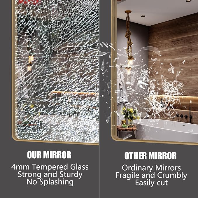 24x36 Brushed Gold Bathroom Mirror, Metal Gold Framed Vanity Mirror, Modern Rectangle Wall Mirror for Entryway, Anti-Rust (Horizontal/Vertical)