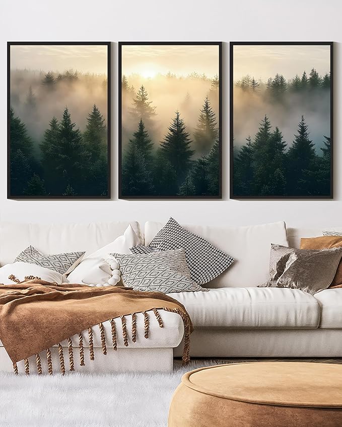 KUVIOKE Sun Dawn Fog Pine Tree Framed Wall Art Morden Nature Nordic Forests Artwork Home Decor 16x24in (Black Framed)