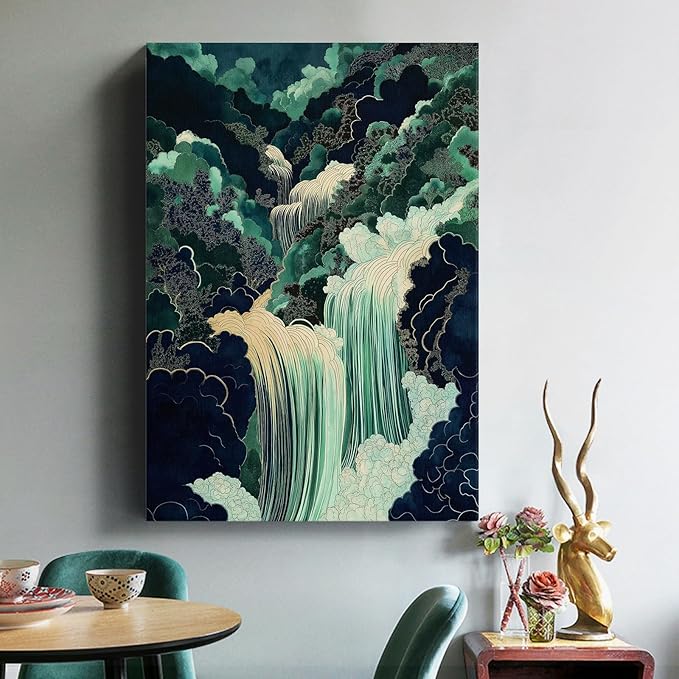 Mountain River Wall Art Japanese Waterfall Painting Abstract Forest Art Poster Blue And Green Abstract Canvas Japanese Style Print Blue And Green Landscape Wall Art Waterfall Artwork 16x24in Framed