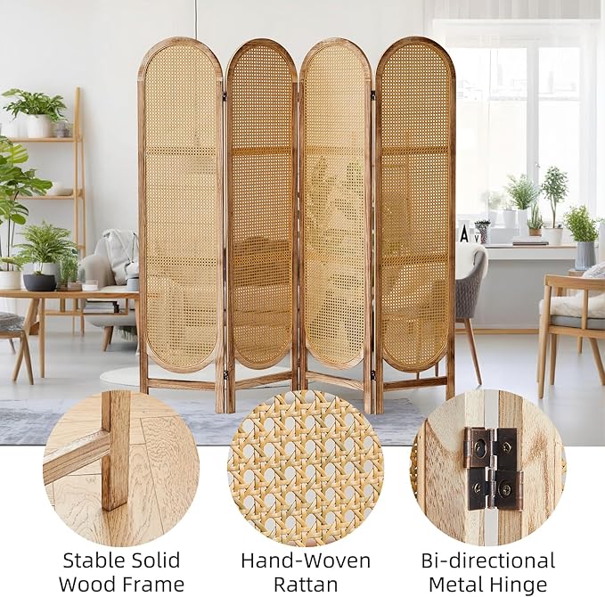 4 Panel Room Divider, Double Hinged Foldable Wooden Room Divider, Individual Privacy Screen Made of Hand-Woven Rattan, Portable Wall Divider for Home Office Bedroom Bathroom (Natural)