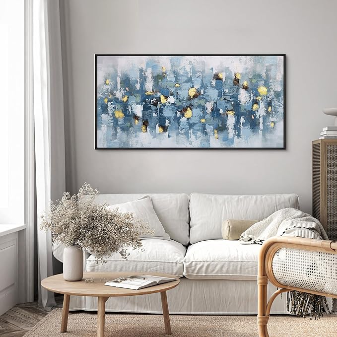 KLAKLA Blue and White Abstract Wall Art - Living Room Wall Decor Gold Picture Artwork for Walls Prints Paintings Framed Canvas Bedroom Office Guest Room Home Decoration 40x20 Inches