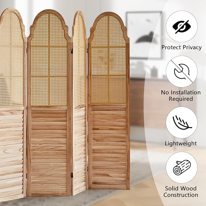 4 Panel Rattan Room Divider Panel, 5.6Ft Partitions and Dividers, Louvered Partition Divider, Room Dividers Screen, Solid Wood Frame, Folding Screen, Bedroom, Family Room, Light Brown