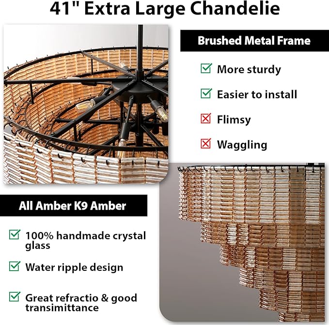 41" Large Chandelier, 18-Light Black Round Chandelier for Dining Room, Amber Crystal Glass Hanging Light Fixture, Pendant Light Perfect for Dining Room, Entryway, Foyer, Bedroom & Kitchen