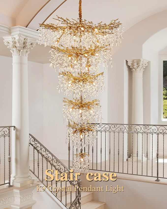Modern Long Staircase K9 Chandeliers, Luxury Gold 6-Tier Large Foyer Entrance Chandeliers for High Ceiling Big Crystal Chandelier(Height 75 Inch 43 Lights)