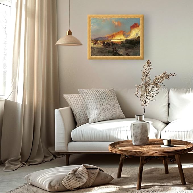 Brivoria Framed Canvas Wall Art Vintage Decor, Majestic Autumn Western Landscape with Horsemen, Red Cliffs and Fiery Sunset Sky for Living Room Bedroom Dining Room Fireplace or Gallery Display, 16x20