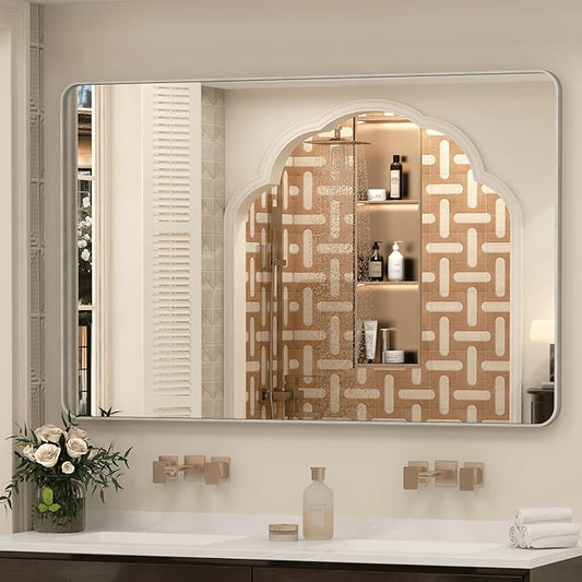 55x36 Inch Brushed Nickel Bathroom Mirror, Large Brushed Silver Metal Framed Wall Mirror, Rounded Corner Rectangle Modern Vanity Mirror, Tempered Glass, Anti-Rust, Shatterproof (Horizontal/Vertical)