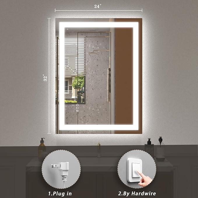 LED Lighted Bathroom Mirror 24x 32, Dimmable Vanity Mirror with Lights, Anti-Fog, ETL Listed (Backlit and Front Lighted)