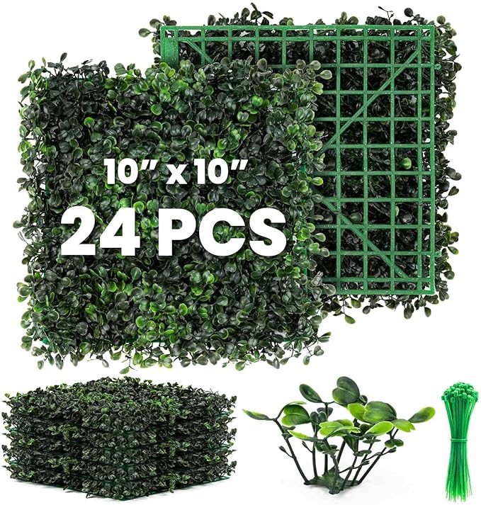 KASZOO Grass Wall 24 Pack 10"x10" Artificial Boxwood Hedge Wall Panels, Privacy Hedge Screen Faux Boxwood for Outdoor,Indoor,Garden,Fence,Backyard,Greenery Walls