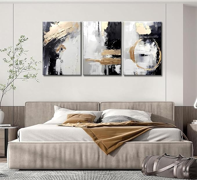 3pcs Framed Black White Gold Canvas Wall Art Abstract Geometric Textured Posters Prints Pictures Paintings with Faux Stucco Finish Modern Beige Minimalist Wall Decor for Living Room Bedroom Bathroom