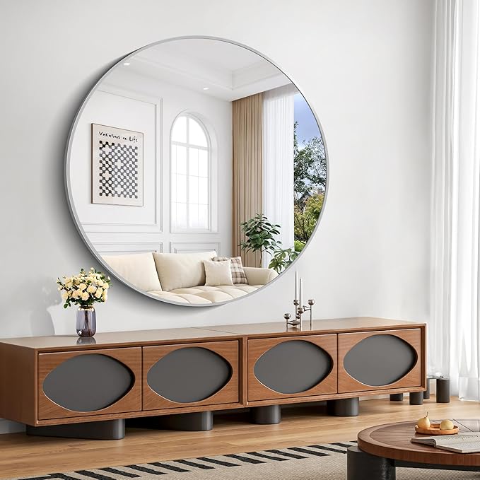 KOCUUY 48" Large Silver Round Mirror, Oversized Wall Mounted Bathroom Metal Framed Circle Mirror, Modern Vanity Circular Mirrors for Wall, Over Sink, Living Room, Bedroom Decor