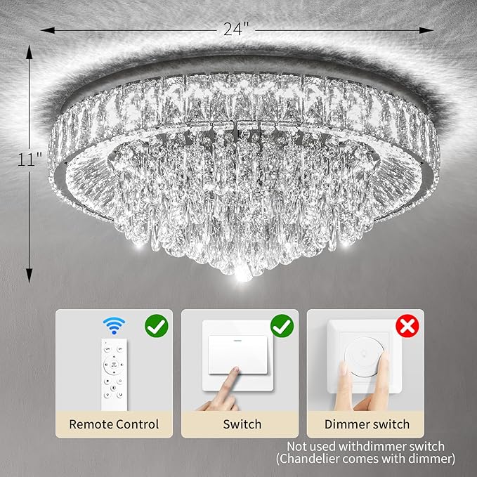 Modern Dimmable Led Crystal Chandelier: Flush Mount Crystals Ceiling Light with Remote - 24" Silver Ceiling Lighting Fixtures Round Crystal Chandeliers for Dining Room Bedroom Living Room Entryway
