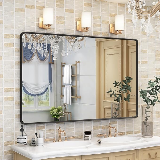 OKPAL Black Bathroom Mirror for Wall, 48X30 Inch Bathroom Vanity Mirror, Black Rectangle Frame Mirror, Matte Black Metal Bathroom Mirror, Rounded Corner, Anti-Rust, Tempered Glass