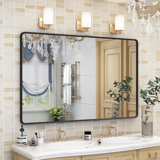 OKPAL Black Bathroom Mirror for Wall, 48X30 Inch Bathroom Vanity Mirror, Black Rectangle Frame Mirror, Matte Black Metal Bathroom Mirror, Rounded Corner, Anti-Rust, Tempered Glass