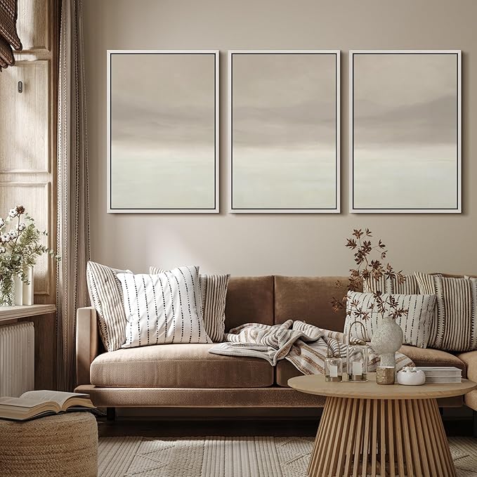 MUDECOR Framed Wall Art Print Set Misty Horizon Minimalist Foggy Mountain Landscape in Soft Neutral Tones Illustrations Realism Decorative for Living Room, Bedroom, Office - 16"x24"x3 White