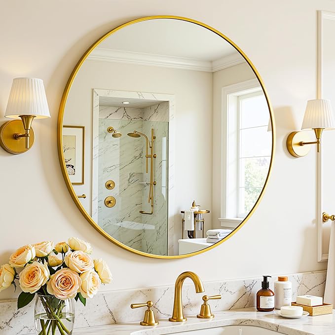 Antok Wall Mirror, 18"x18" Bathroom Vanity Mirror, Anti-Rust HD Tempered Glass, Wall Mounted Mirrors for Living Room, Entryway, Gold Frame, Round