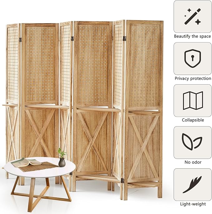 6 Panel Pegboard Room Divider with Shelves, Wood Room Divider and Folding Privacy Screen, Peg Board Display Stand Wall Divider for Room Separation for Craft Shows Events Retail, Natural