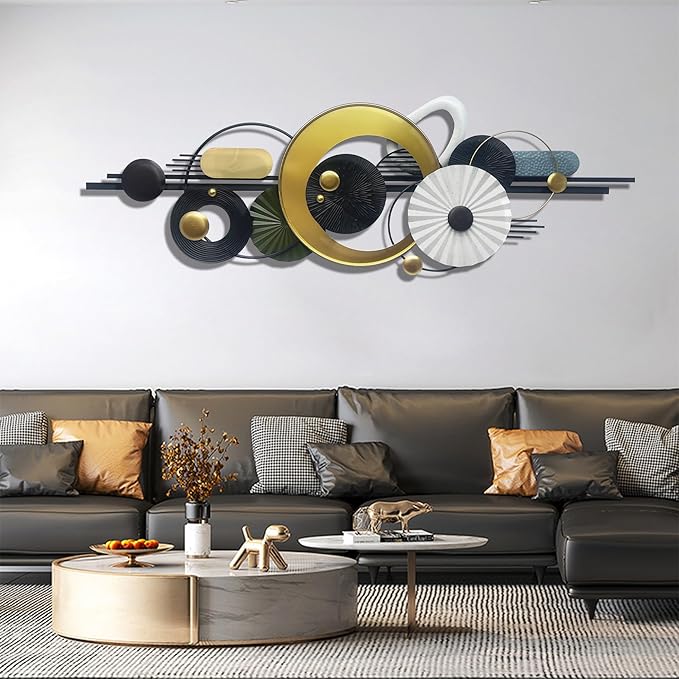 Metlzks Modern Abstract Metal Wall Art,Large 59×20 Inches Wall Decor, Geometric Circles Design Wall Sculptures, Gold Black White, Wall Decoration for Living Room Bathroom Bedroom Dining Room