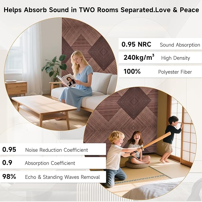 Acoustic Wall Panels,6 Pack Total Size 72 x 48 Inches,Self-Adhesive Decorative Acoustic Panels for Wall and ceiling,3D UV Printing with Wood Look,Red Sandalwood