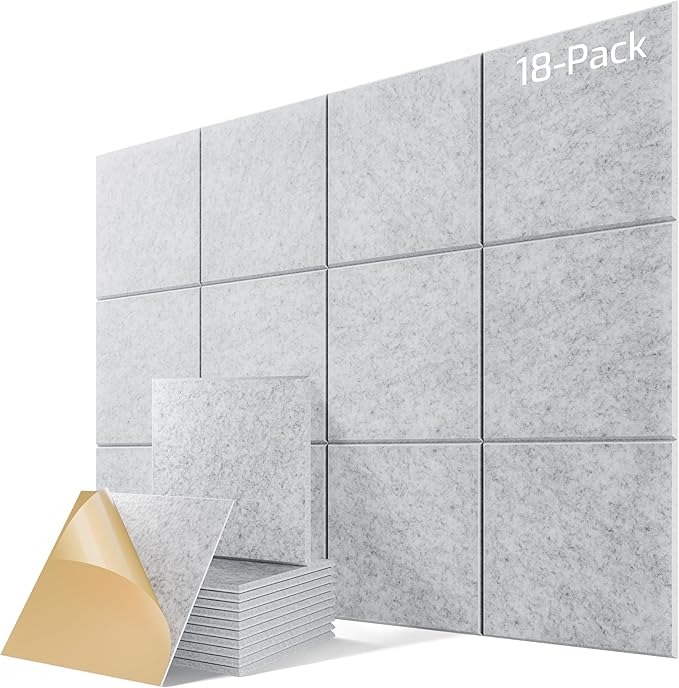 18 Pack Acoustic Panels for Walls, 12" x 12" x 0.4" High Density Self-Adhesive Soundproof Wall Panels, Sound Absorbing Foam Panels for Home & Office Studio (Sliver Gray)