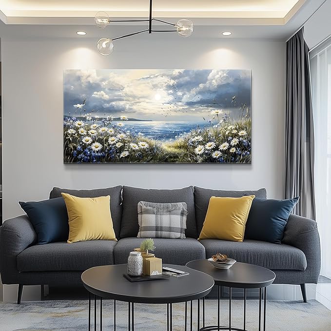 KELIYUAN Large Canvas Wall Art For Living Room Bedroom Wall Decor Home Office Blue Mediterranean Garden Landscape Painting Room Bathroom Dining Room Prints Artwork Picture Wall Decoration 20x40 In