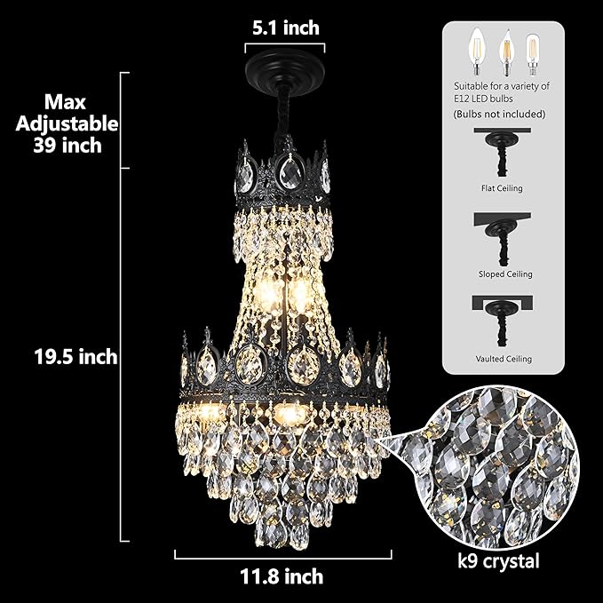 KoKo&Yukina Chandelier, 12'' Black French Empire Light Fixture, 6-Light K9 Crystal, Adjustable Hanging, for Hallway Entryway Kitchen Foyer