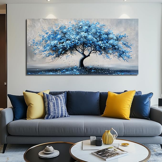 KELIYUAN Wall Art For Living Room Large Wall Decor For Office Bedroom Wall Decorations Abstract Canvas Painting Blue Tree Pictures Artwork Ready To Hang Guesthouse Room Mural Home Decor 24x48 In