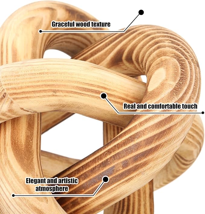 3 Link Wood Knot Decor - Hand Carved Coffee Table Decoration, Boho Chain Link Decor, Modern Shelf, Rustic Objects for Home Living Room Bedroom (Burnt)