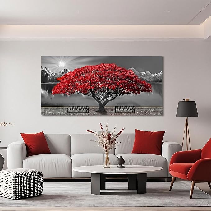 Mofutinpo Black and White Red Tree Wall Art Canvas Print Picture Large Red Tree Landscape Modern Artwork for Living Room Bedroom Office Home Wall Decor With Frame 29X58inch