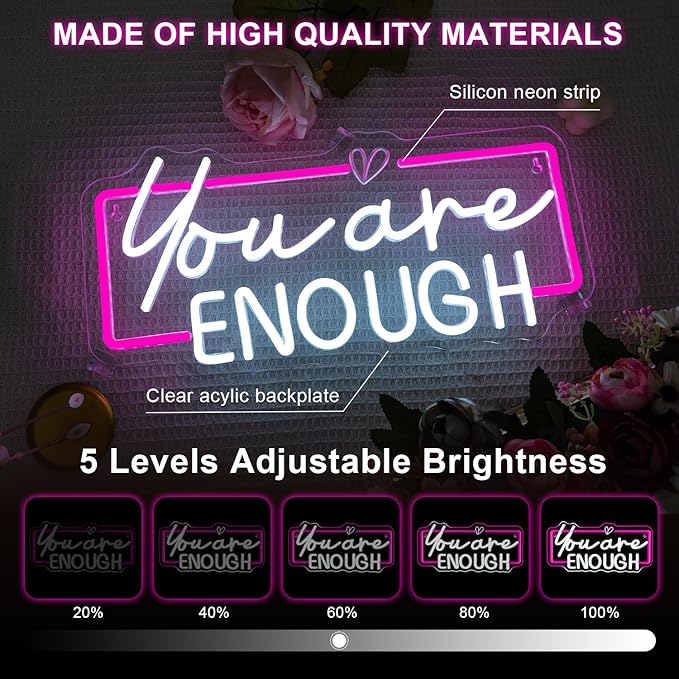 Lucunstar You Are Enough Neon Sign for Wall Decor Neon Pink Light Up Classroom Motivational Wall Decor LED Letter Book Lights Sign for College Room Reading Library Inspirational Gifts for Women Student