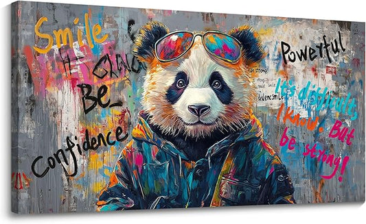 JEAWA Large Canvas Wall Art, Black and White Panda Abstract Graffiti Street Art Pop Modern Paintings Ready to Hang Living Room Bedroom Study Office Inspirational Picture Home Decor 24x48 IN