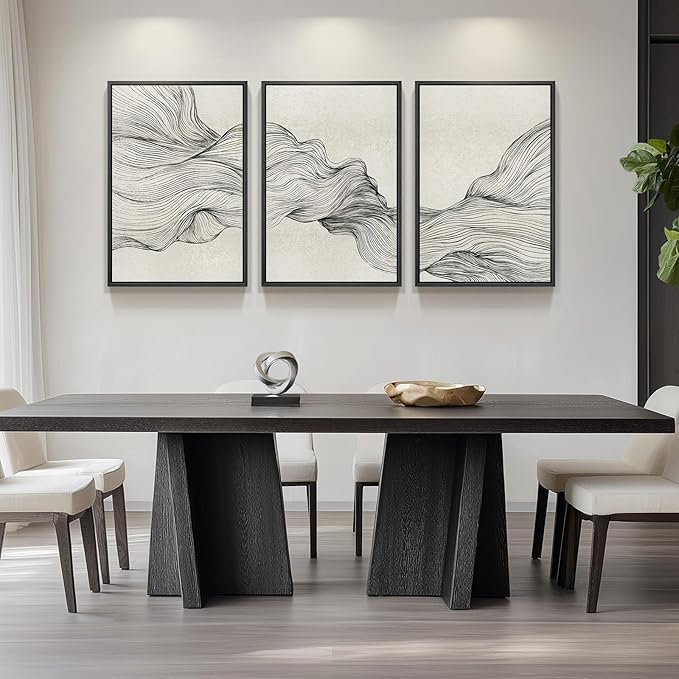 Large Framed Black and Beige Neutral Abstract Wall Art for Living Room, 3 Piece Modern Canvas Prints Paintings Artwork for Walls, Minimalist Lines Pictures for Hallway Stair Office Wall Decor 24x36 In