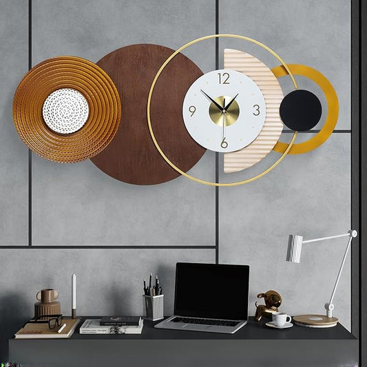 Large Mid Century Clock for Living Room,Modern Unique Battery Operated Wall Clocks Silent Iron & Wood Big Wall Clock Brown Circle Geometric Clocks for Home,Living Room,Bedroom 47.2X22.8inch