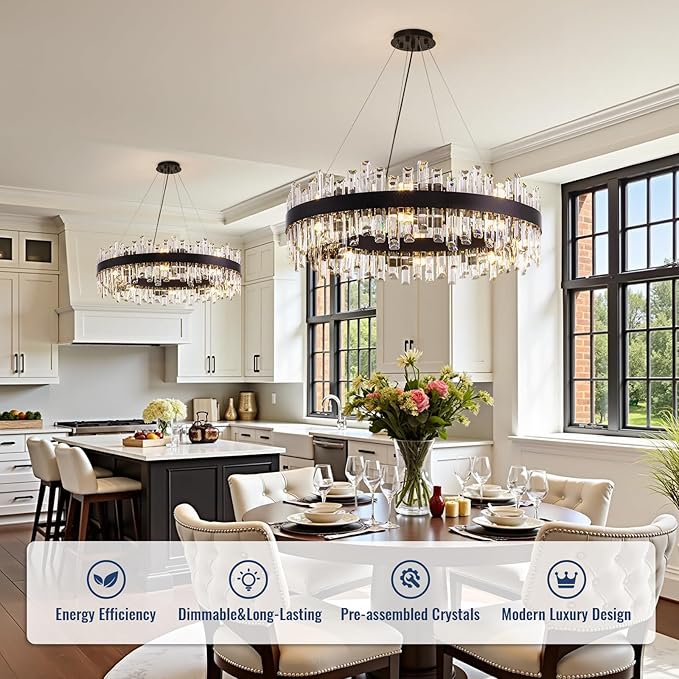 Modern Crystal Chandelier for Dining Room,16-Light Black Round Chandelier, 31.5-inch K9 Crystal Raindrop Ceiling Light, Luxury Flush Mount Light Fixture for Kitchen Living Room