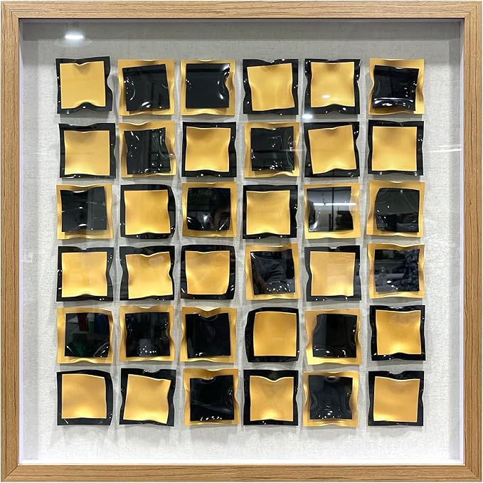 BrightA Black and Gold 3D Wall Art with Textured Grid Design Handcrafted Acrylic Panels in Solid Wood Frame, Modern Abstract Sculpture for Contemporary Living Room Office 31.5"x31.5"