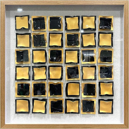 BrightA Black and Gold 3D Wall Art with Textured Grid Design Handcrafted Acrylic Panels in Solid Wood Frame, Modern Abstract Sculpture for Contemporary Living Room Office 31.5"x31.5"