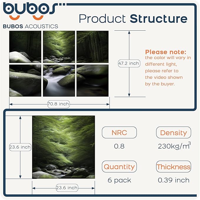 BUBOS 6 Pack Art Acoustic Panels Soundproof Wall Panel,70.8X47.2 Inches Large Sound Absorbing Panel,Self-Adhesive Decorative Acoustical Wall Panels, Acoustic Treatment for Home（Ancient Green）