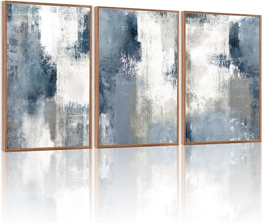 LHIUEM Large Navy Blue and Gray Framed Canvas Wall Art Set of 3(12”X16”) Modern Abstract Wall Decor Brush Strokes Block Shape Artwork Minimalist Neutral Blue Printing for Living Room Bedroom Office