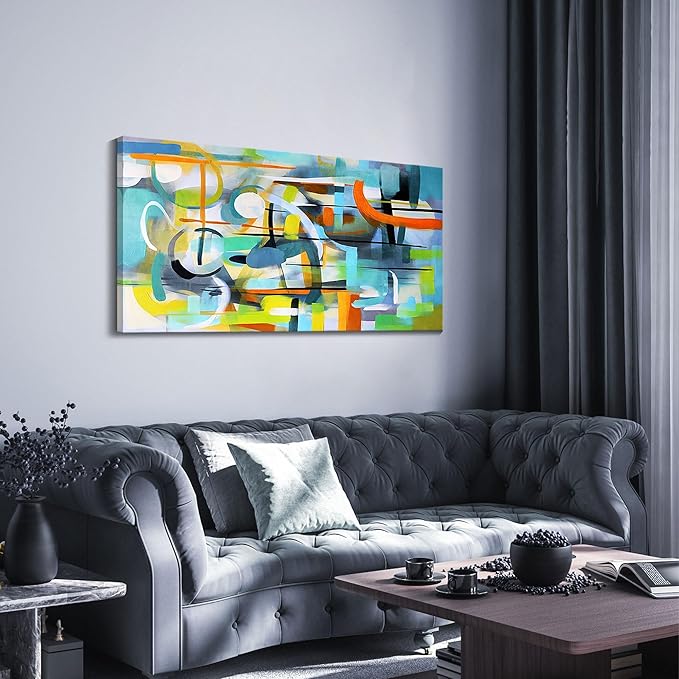 Mofutinpo Colorful Wall Art-Modern Abstract Canvas Wall Art-Teal And Blue Line Art -Pictures for Living Room Wall Decoration- Graffiti Paintings for Bedroom-Office Wall Decor 24×48in