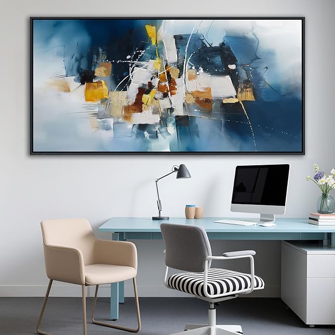Abstract Canvas Wall Art Navy Blue Wall Art for Living Room Framed Modern Artwork for Walls, Above Bed Wall Decor Navy and Gold for Bedroom and Living Room Office Pictures Wall Decor 29×58IN