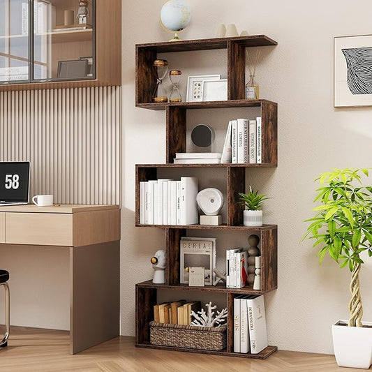 5 Tier Geometric Bookcase, S Shaped Bookshelf, Modern Decorative Storage Shelving, Wooden Room Divider Bookcase, 62.5" Tall Staggered Display Book Shelf for Living Room (1, Rustic Brown)