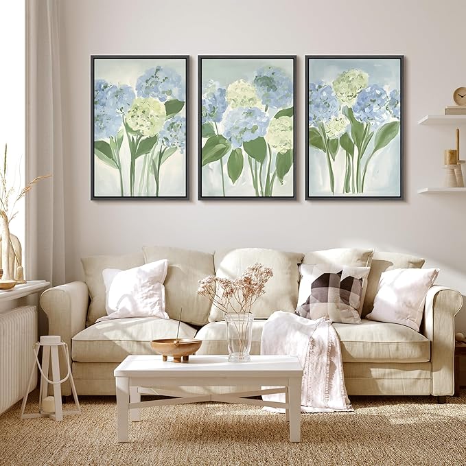 MUDECOR Framed Wall Art Print Set Blue Hydrangea Floral Botanical with Green Leaves Illustrations Modern Art Boho Decorative Colorful Chic for Living Room, Bedroom, Office - 16"x24"x3 Black