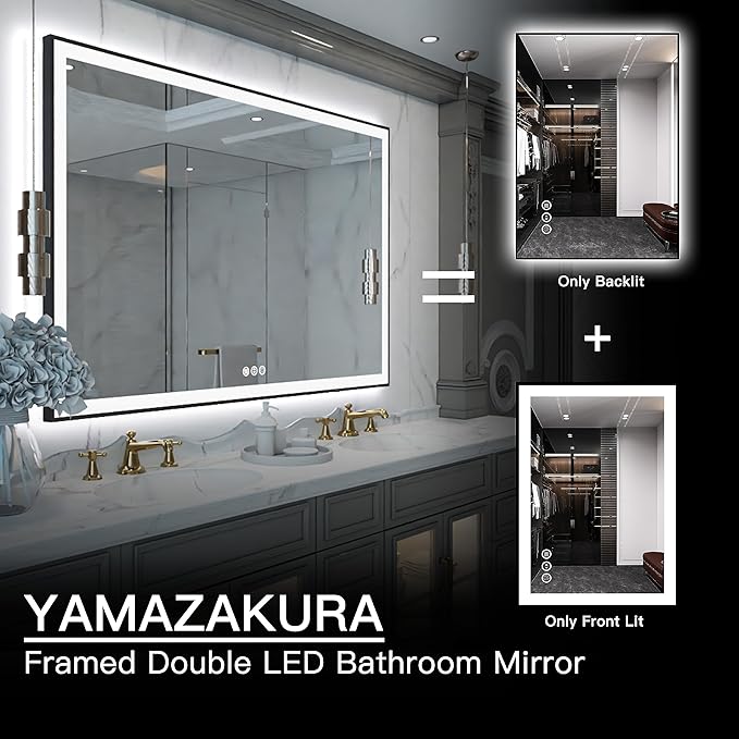 LED Bathroom Mirror 44"x36"- Lighted Vanity Mirror with Backlit and Front Light, Framed Dimmable Illuminated Mirror for Wall, Anti-Fog, Shatterproof, Memory, 3 Colors (Horizontal/Vertical)
