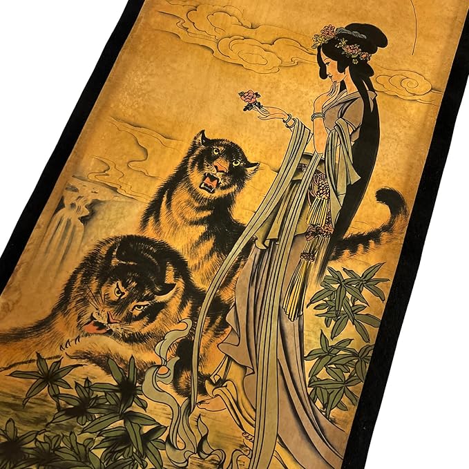 CIFIBIFUN Wall Japanese Geisha Tiger Art Prints Posters Painting Japan Traditional Vintage Style,4 Panels Home Walls Decor (Super Old Aging Paper, A Japan Painting)