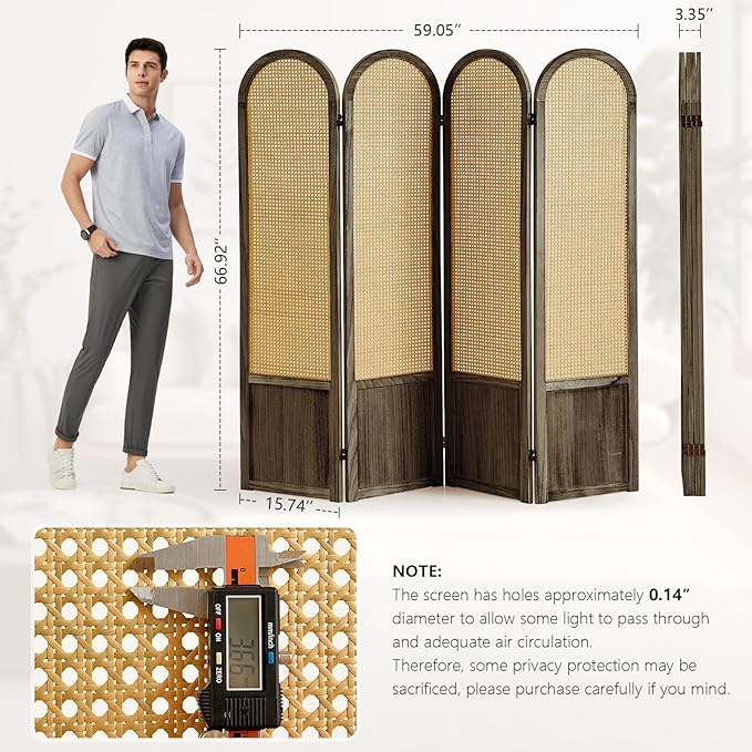 4 Panel Room Divider Wall, Folding Privacy Screen, Foldable Wood Divider Room Dec, Rattan Room Divider, Portable Partition Screen, Wall Divider for Room Separation Home Office (Brown)