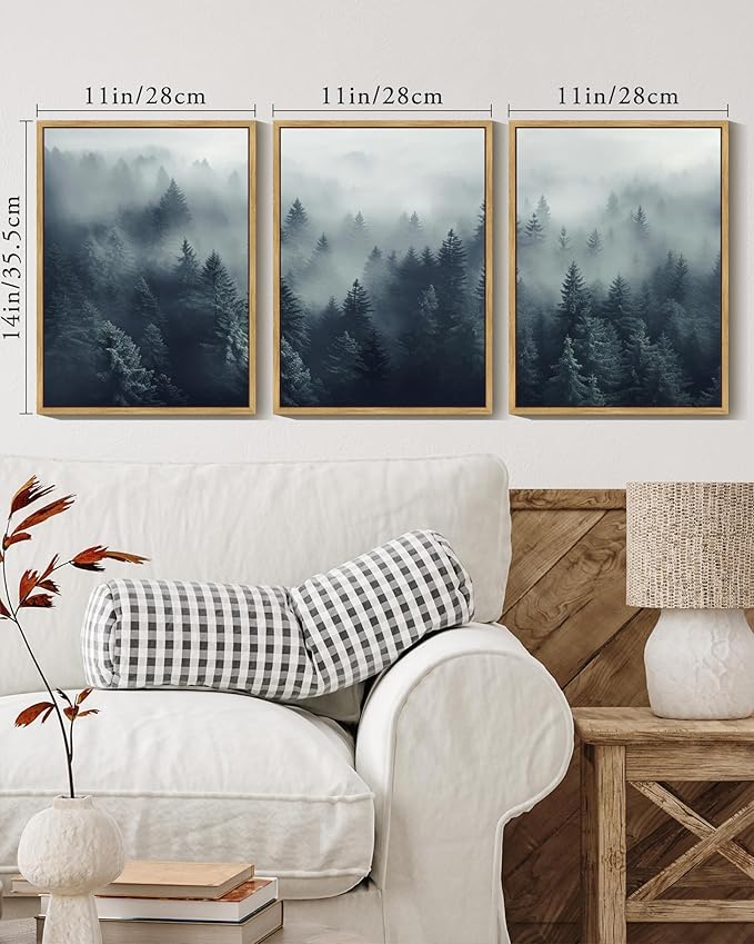 KUVIOKE Blue Fog Pine Tree Framed Wall Art Nature Nordic Forests Artwork Morden Painting Home Decor 11x14in (Natural Framed)