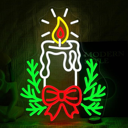 Candle Christmas Neon Sign with Dimmable Switch Christmas Bow Holly Neon Light Sign for Xmas Pray Home New Year Party Church Wedding Store Wall Decorations